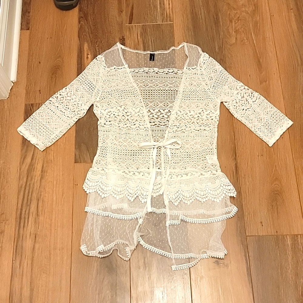 White lace tunic top with tie front